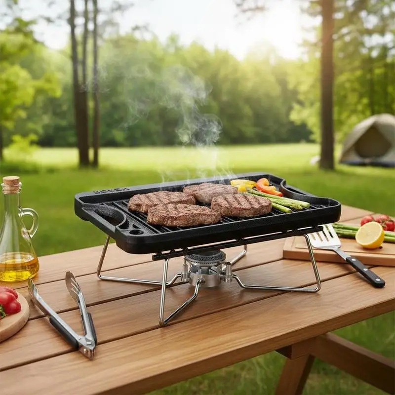 

Pre-Seasoned Cast Iron Griddle 14x8.5 Inch For Gas Stoves Camping BBQ, Reversible Dual-Side Portable Rectangular Pan Handles Family Cookware Black