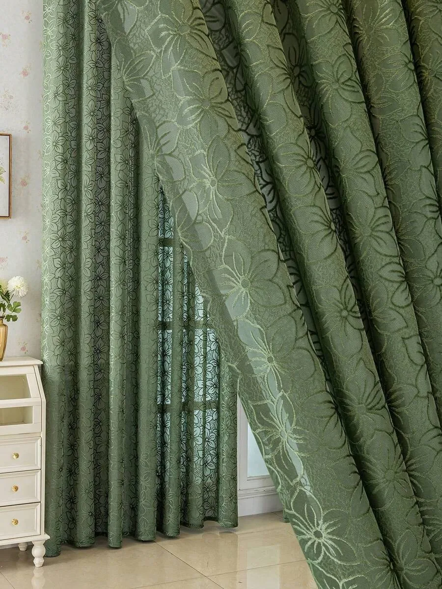 1pc European Style Flocked Sakura Pattern Curtain For Living Room, Bedroom, Balcony, Dining Room, Thickened Partition Curtain