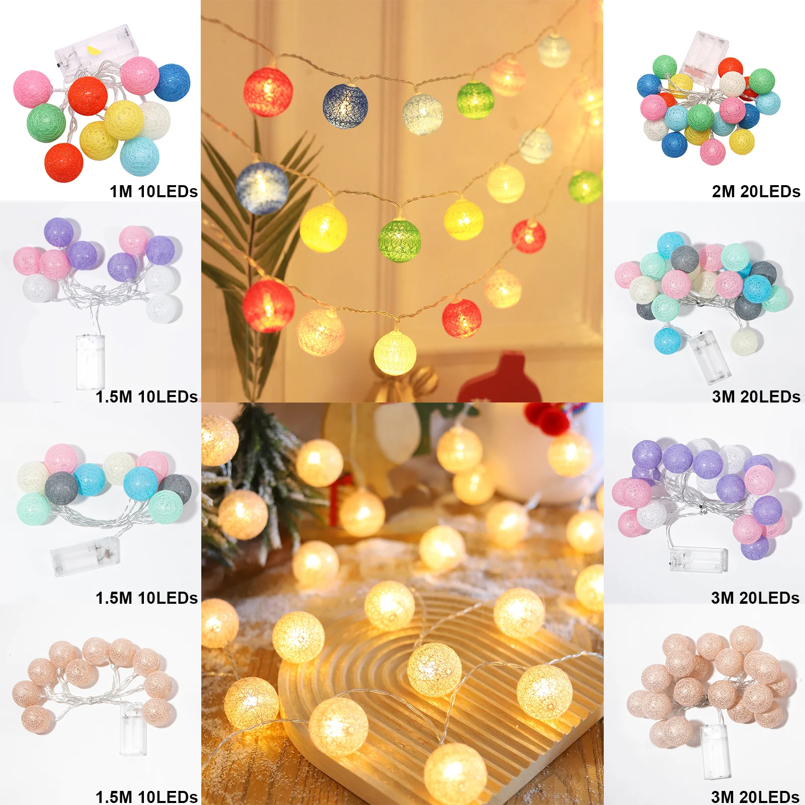 10/20 LED Cotton Balls Fairy String Lights Battery Operated Indoor Multicolor Globe String Lights Christmas Holiday Decoration