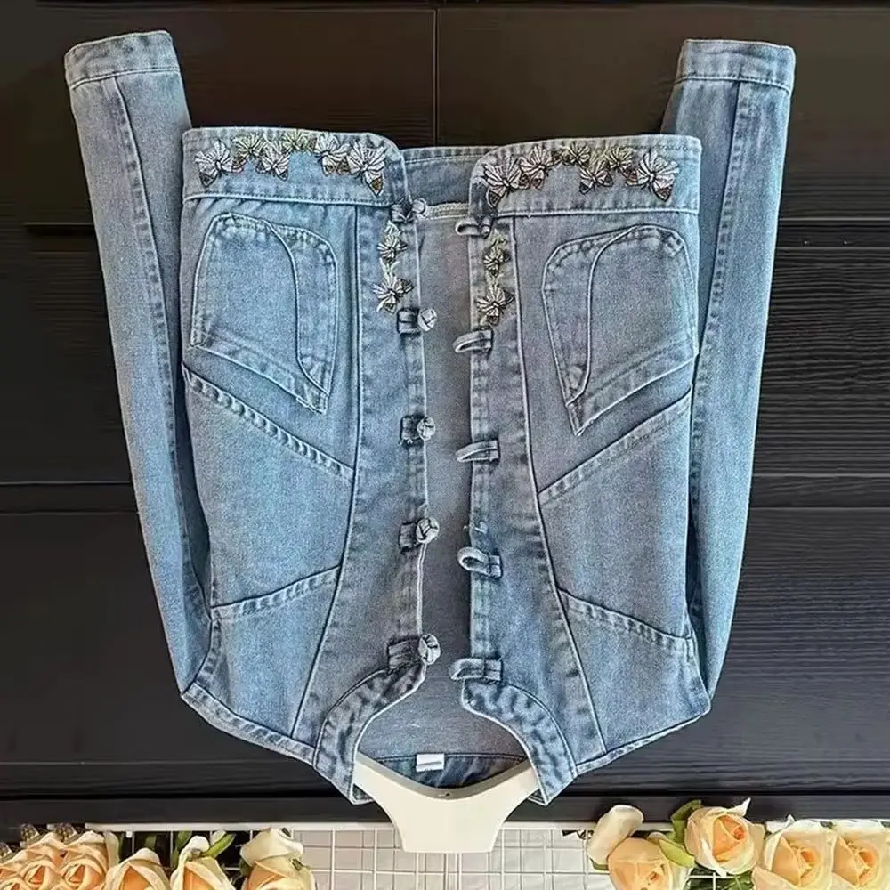 

2024, весна-осень, новая джинсовая модная куртка, женская повседневная джинсовая куртка, женское пальто с вышивкой и пряжкой, ковбойское женское пальто, топы