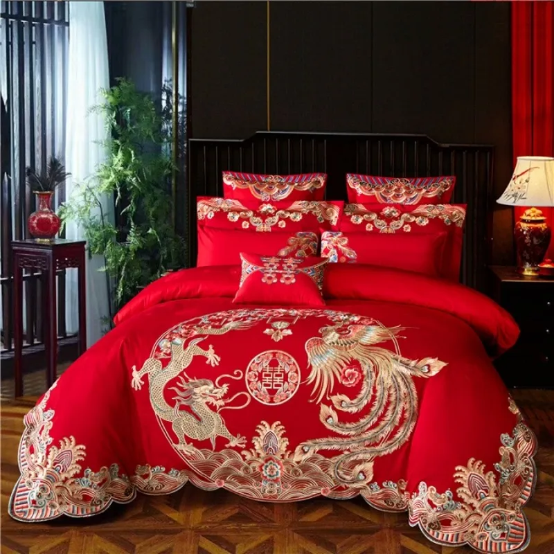 Red Pure Cotton Bedding Set Luxury Chinese Wedding Loong Phoenix Flowers Embroidery 4/6/8pcs Duvet Cover Bed Sheet Pillowcases