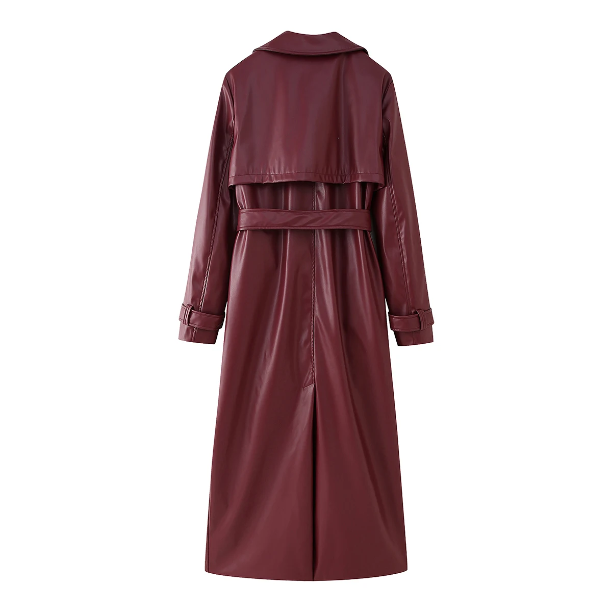 TRAFZA Women Vintage PU Belted Trench Coat Burgundy Long Slim Windbreaker New Fall Winter Fashion High Street PU Leather Coat