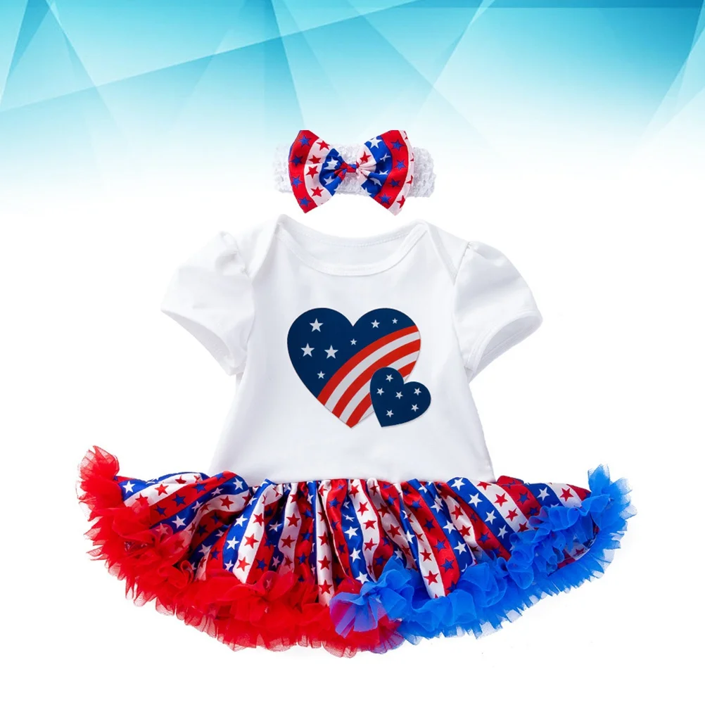 

12pcs Short Sleeve Print Romper For Baby Girls With Ruffle Tulle Lace Headband, Stars Stripes Heart Design, 4Th Of July Memorial