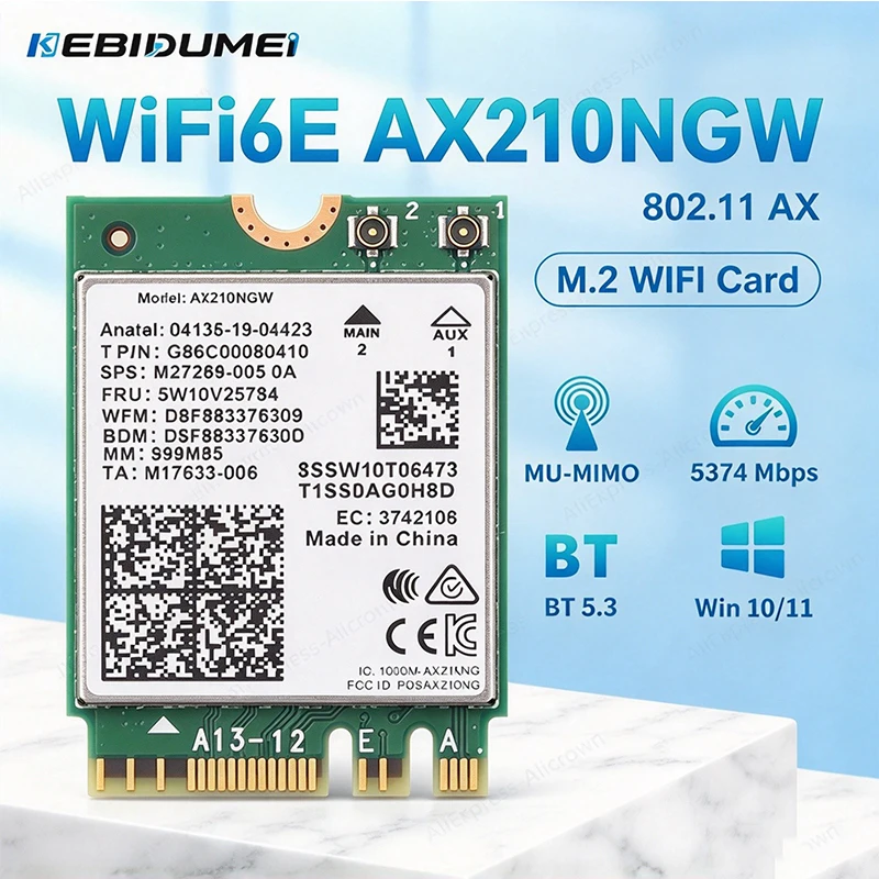 KEBIDUMEI WiFi6E AX210NGW Bluetooth 5.3 Wifi Card Tri Band 2.4G/5G/6GHz 5374Mbps Wireless Network Adapter 1200Mbps For Win 11/10
