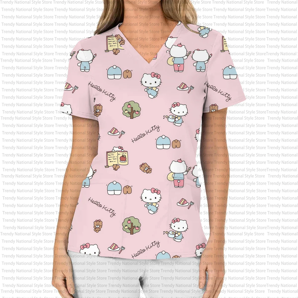 헬로키티 프린트 여성용 우아한 의료용 수술복 트렌디한 V넥 치과 간호복