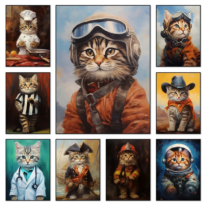 Affiches sur toile de chat, chef, docteur, cowboy, peintures et impressions, art mural moderne, image HD pour décoration de salon, cadeaux sans cadre
