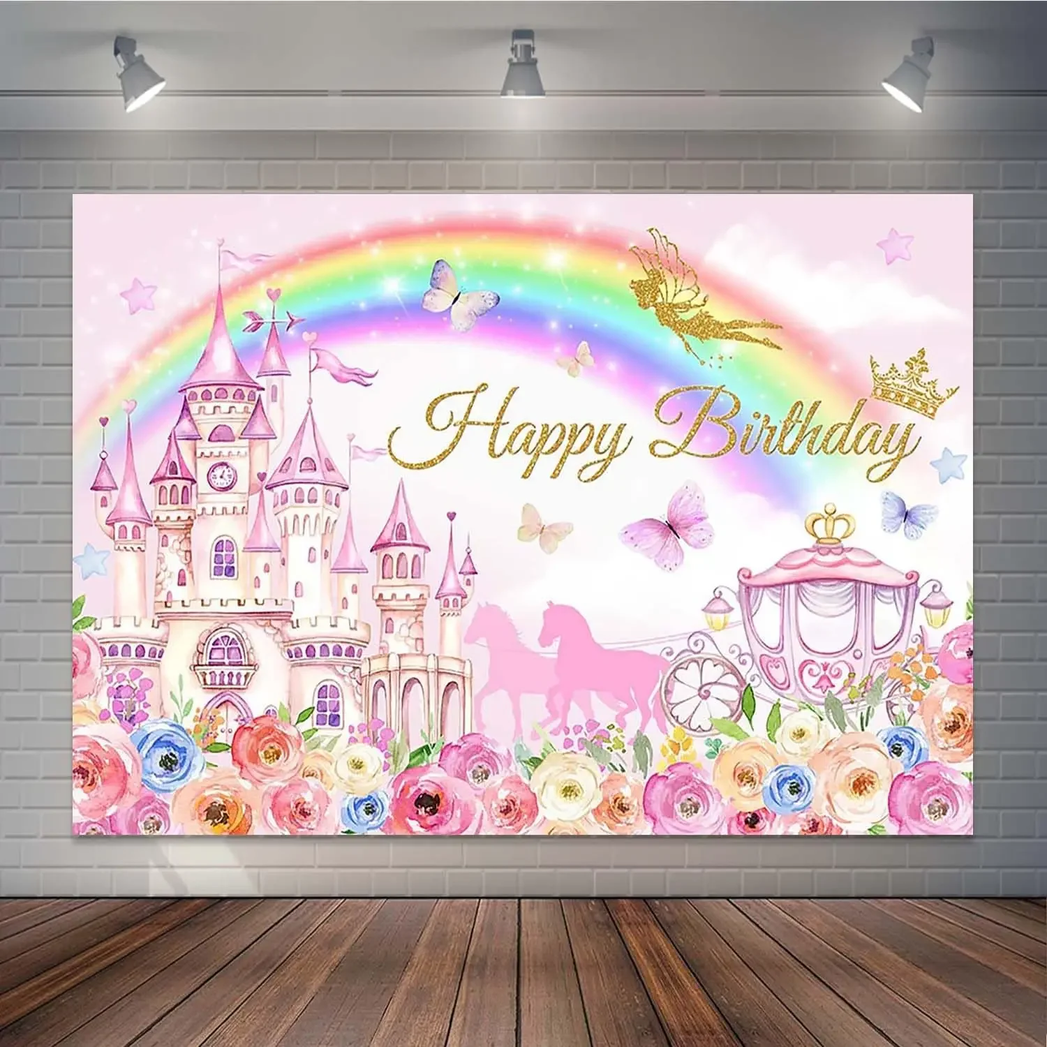 tinke bell Princess pink Castle Carriage Floral Glitter Rainbow Fairy Tale party studio photo background photography backdrop