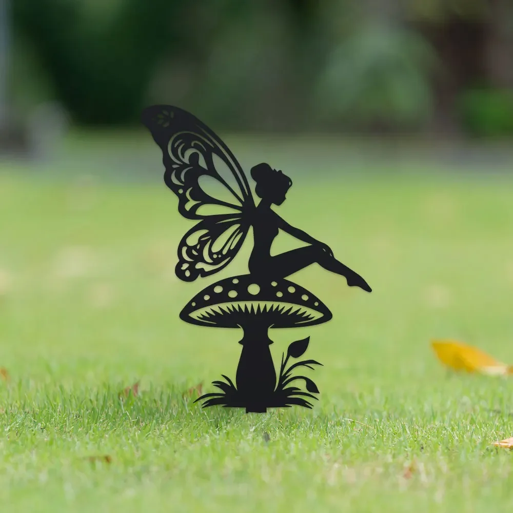 Metal Wall Art Deco Fairy on Mushroom Garden Stake, Metal Silhouette Decor, Floor Mount, Fairy Tale Theme, Flower Pot Decoration