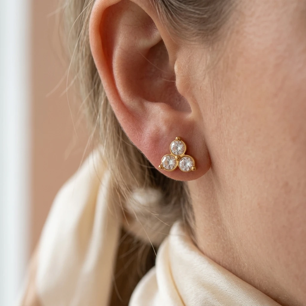 Miia Trendy 18K Gold Stainless Steel Crystal Triangle Cluster Stud Earrings Dainty Minimalist Tiny Rhinestone Studs For Women