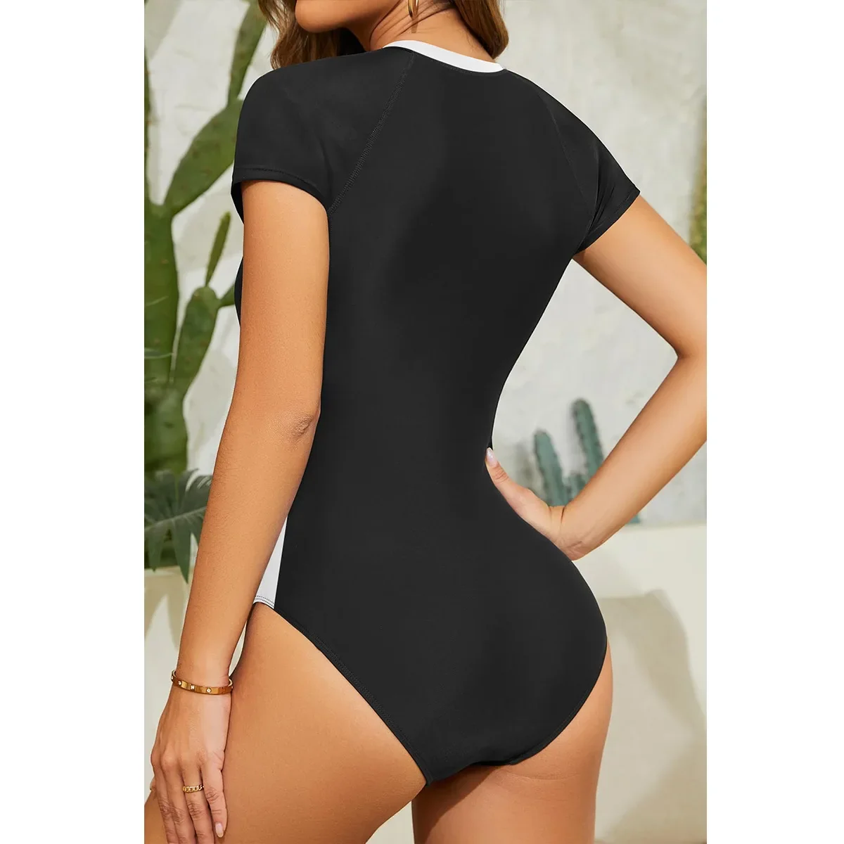 2024 Sexy Zipper Short Sleeve Slim Women One Piece Swimsuit Monokini Black White Swim Bathing Suit Swimwear Female Surf Clothes