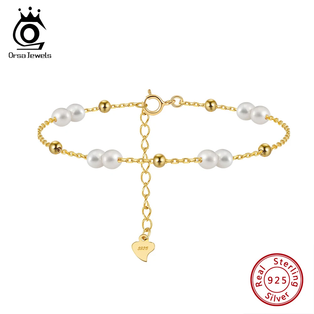 

ORSA JEWELS 925 Sterling Silver Pearls Chain Bracelet Vinatge 14K Gold Pearl Beads Bracelet on Hand Female Party Jewelry GPB40