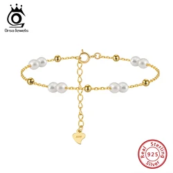ORSA JEWELS 925 Sterling Silver Pearls Chain Bracelet Vinatge 14K Gold Pearl Beads Bracelet on Hand Female Party Jewelry GPB40