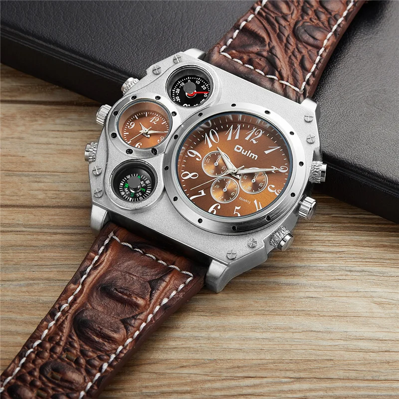 Oulm Creative Large Dial Men Watches Luxury Brand Male Fashion Quartz Watch Big Men\'s Two Time Zone Leather Sport Wristwatches