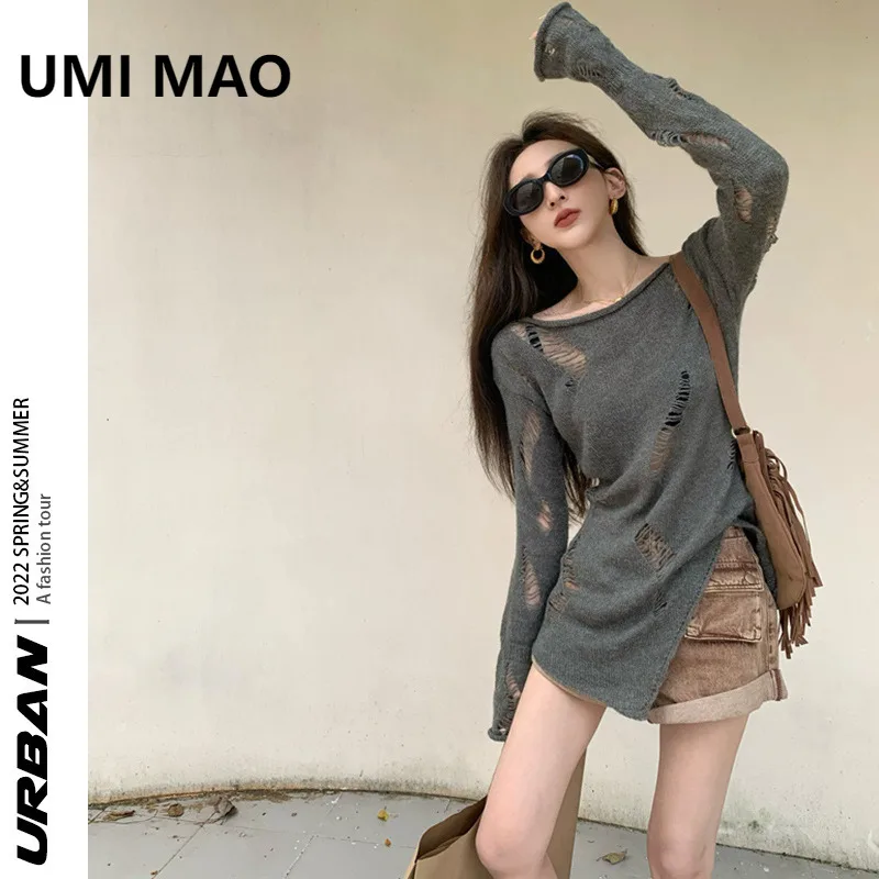 UMI MAO Lazy Style Femme Distressed Round Neck Top Irregular Thin Ripped Long Sleeve Knitted Sweater Spring Women's