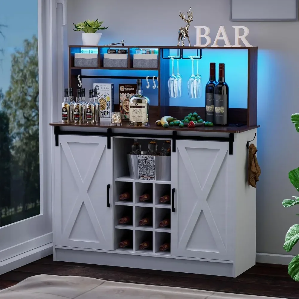 

Wine Cabinets with Adjustable 20-Color LED Lights and 6.5FT Outlet, Sliding Barn Door, Adjustable Shelf, Wine Cabinets