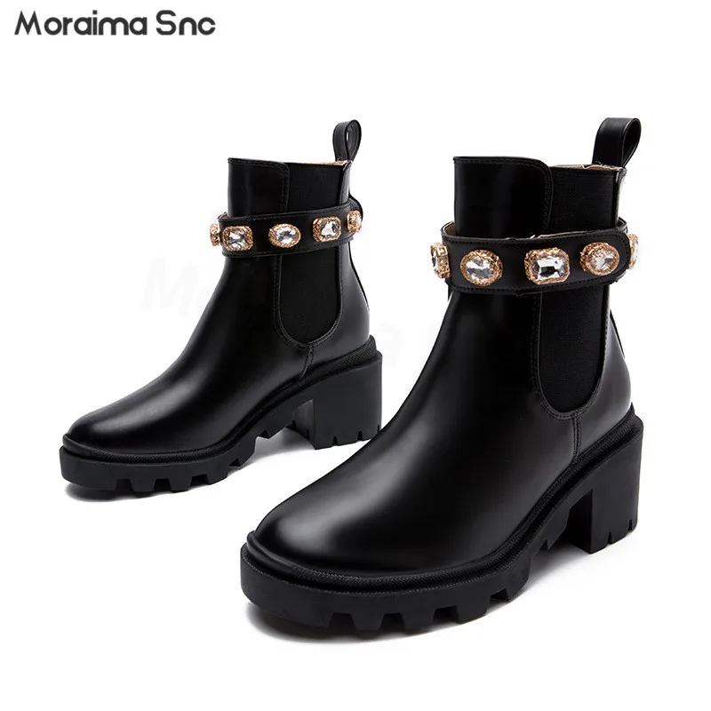 

New Autumn and Winter Chelsea Boots Large Size Gem-Decorated Thick High-Heeled Elastic Short Boots Fashionable Women's Boots