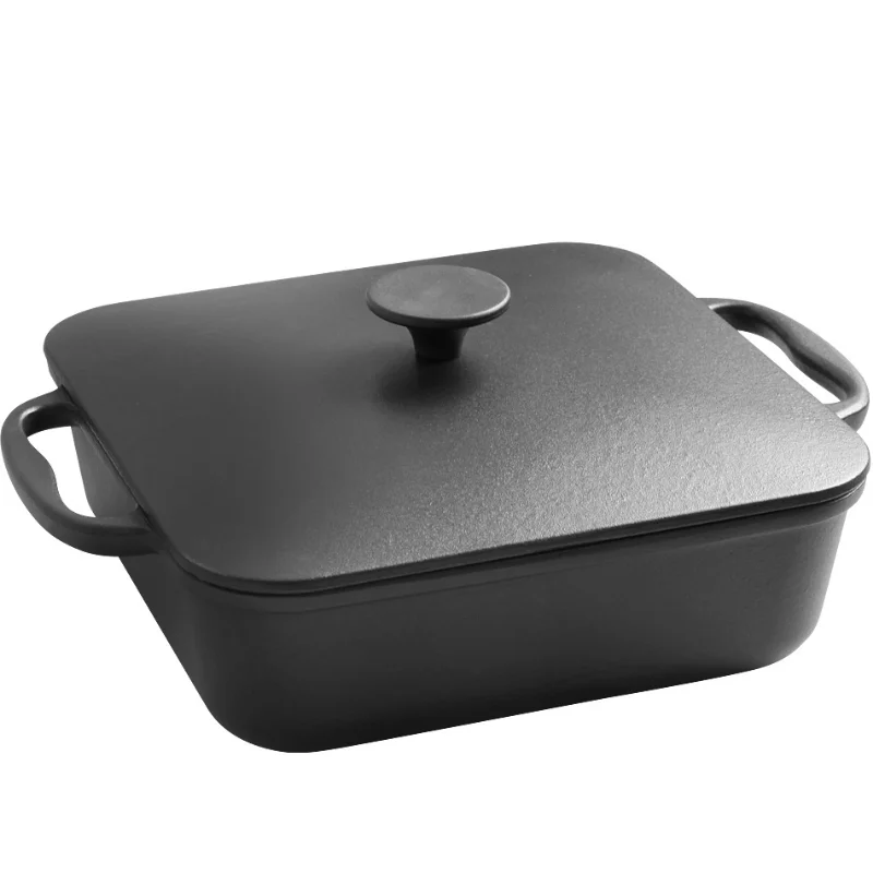 25cm Matte Black Enamelled Square Frying Pans with Non-rusting Cast Iron Pan Thickened Household Multipurpose Stew Soup Stockpot