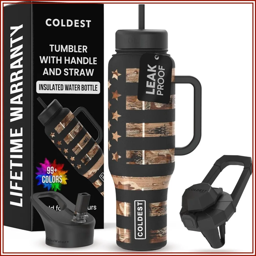 

46oz Insulated Tumbler with Handle & Straw, 100% Leak Proof Stainless Steel, Cup Holder Friendly, Camouflage Flag