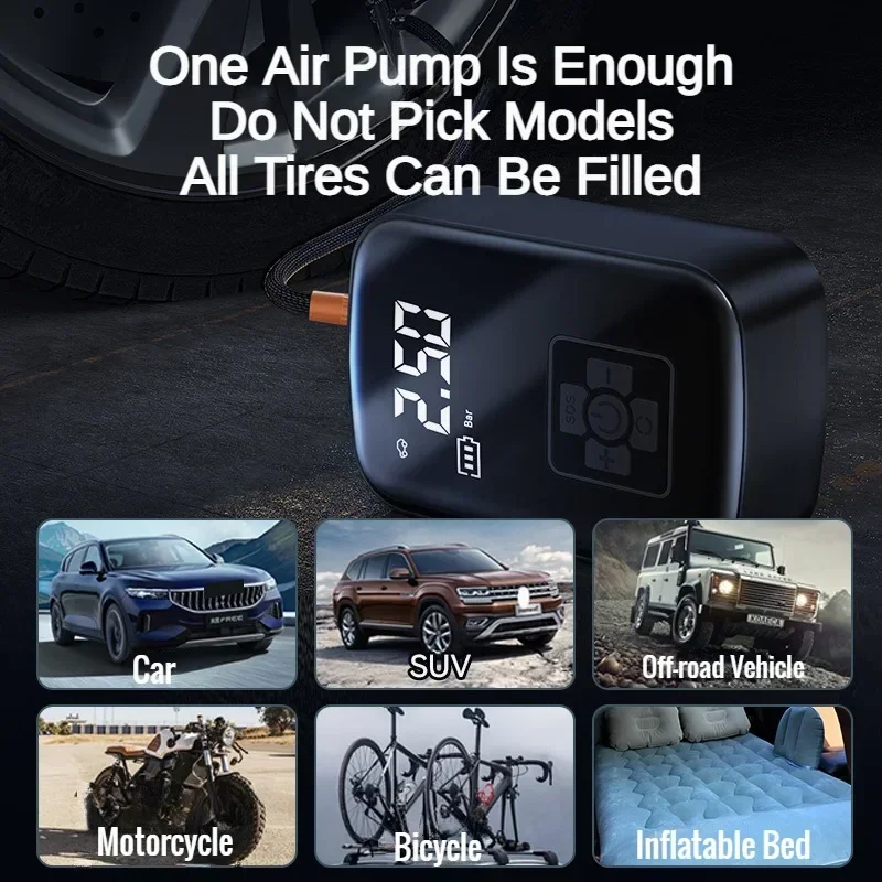 Portable Electric Tire Inflator with Digital LCD Display, Cordless Rechargeable Air Compressor Pump, Wireless Compact Tire Pump for Car Motorcycle Bicycle Boat Ball Inflation, Suitable for Garage Repair Road Trip Travel Emergency
