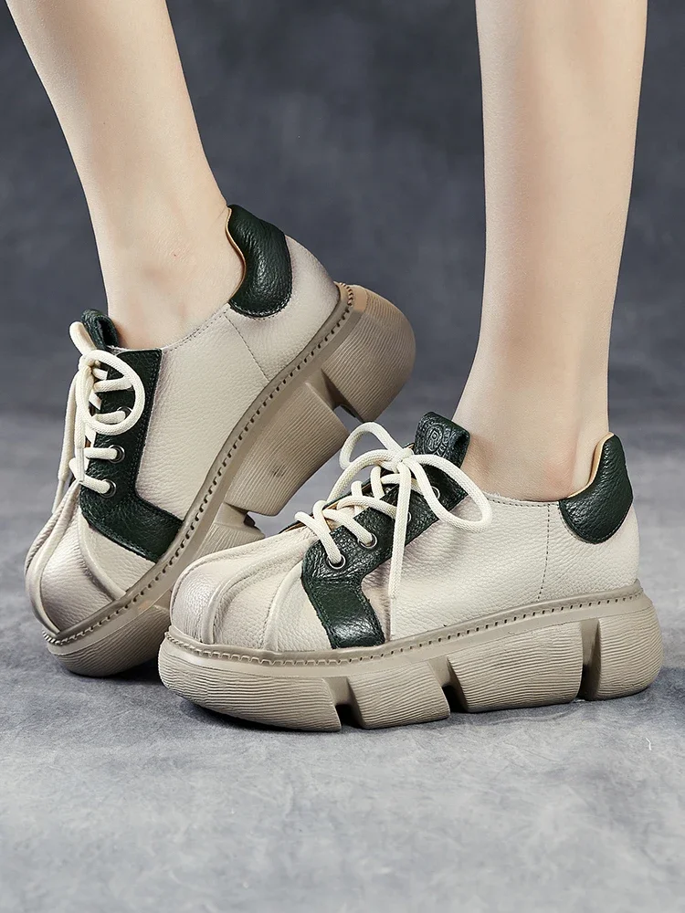 

Birkuir Retro Mixed Colors Flat Platform Shoes For Women Luxury 5cm Thick Heels Genuine Leather Outdoor Lace Up Shoes For Ladies