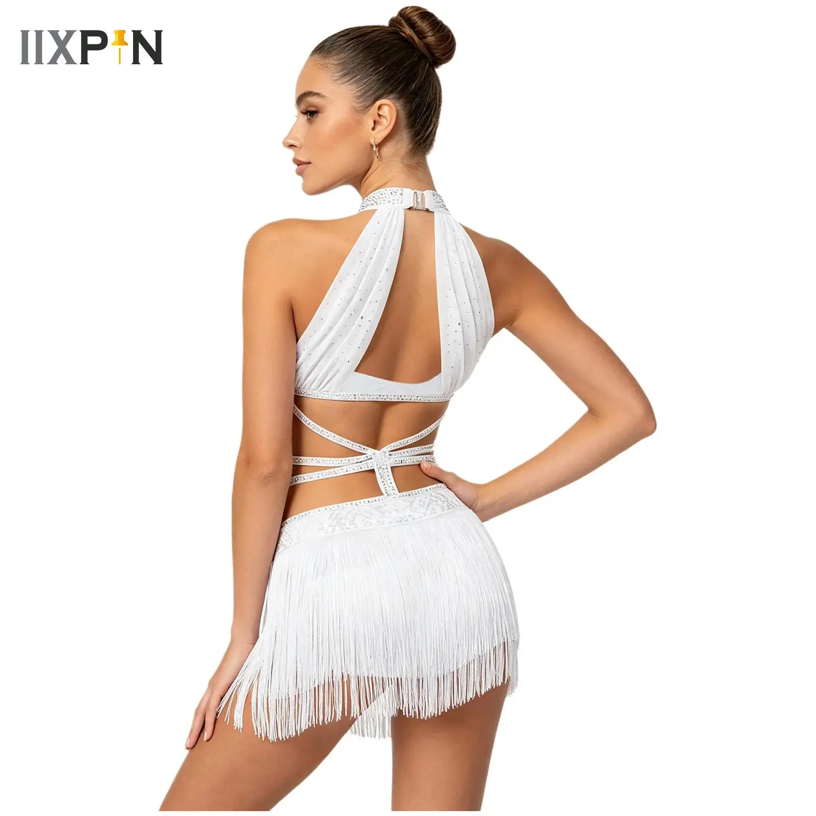 

Sequin Tassel Latin Dance Dress for Women Salsa Jazz Tango Dance Sleeveless Ruched Mesh Overlay Leotards Dresses Dancewear