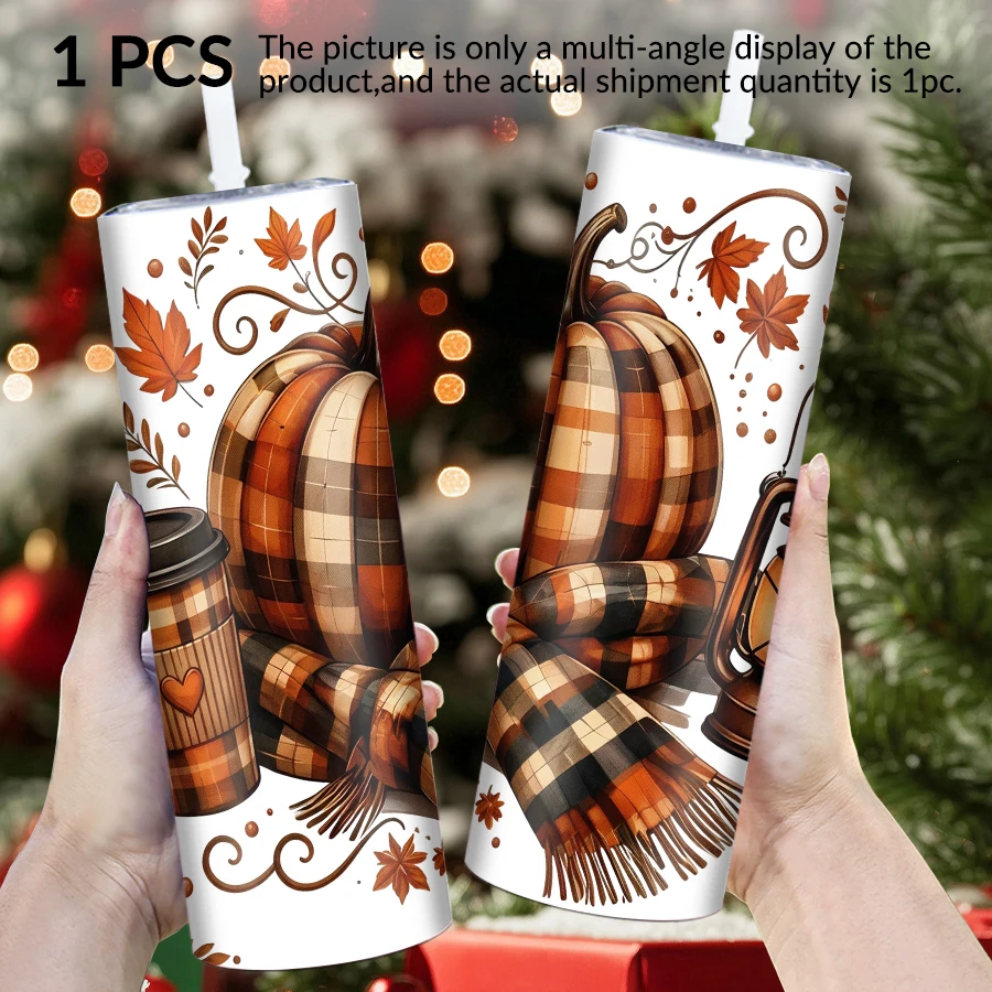 1pc 20Oz stainless steel straight cup with straw cover Christmas pumpkin elements suitable for Christmas and Halloween as gifts.