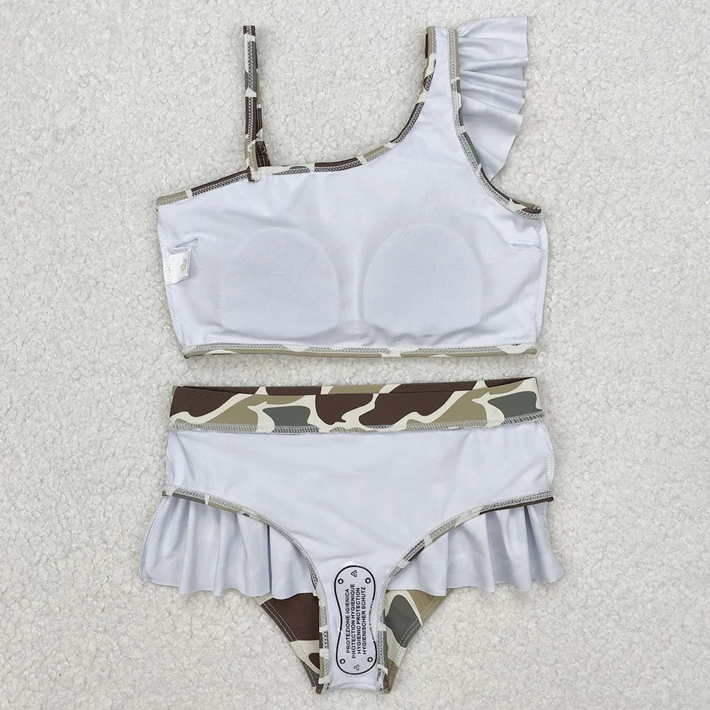 

Hot Sale Baby Girls Swimsuits Camo Ruffle Top Ruffle Bummie 2pcs Swimwear Girls Wholesale Boutique Kids Swim Clothes Swimsuits