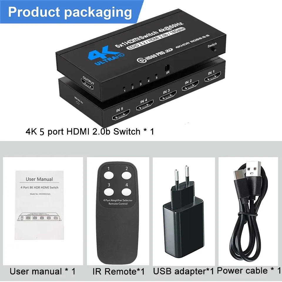 4K HDMI Switch 5port 5 in 1 ou Switch 4K 60Hz Splitter 5 Port Switcher adapter With IR Remote For Xbox Series X PC PS5 Projector