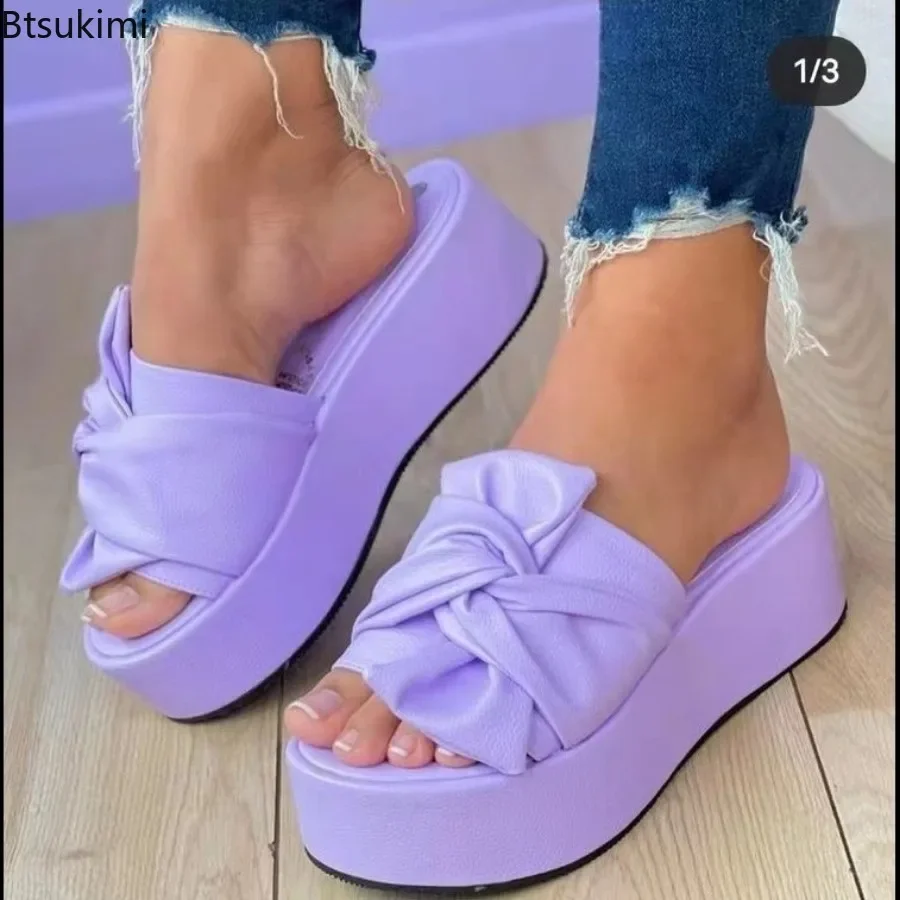 Sandalias de tacón para mujer a la moda 2025, zapatillas con plataforma con lazo, zapatos de tacón informales con fondo suave para exteriores, calzado de verano para mujer