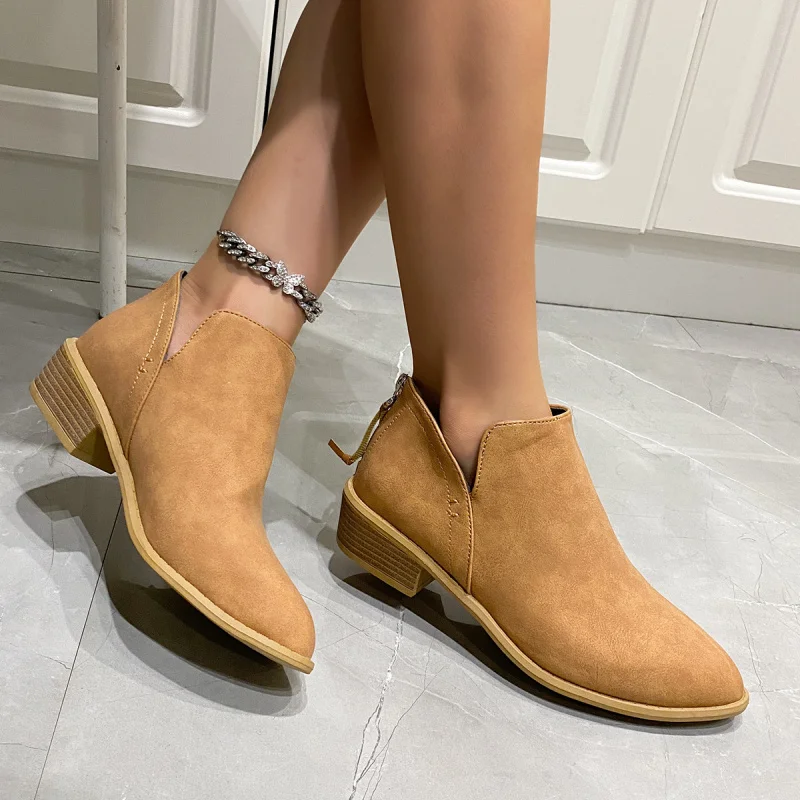 

Autumn and Winter Large Size Women's European and American Style Solid Color Chunky Heel Casual Fashion Boots with Back Zipper