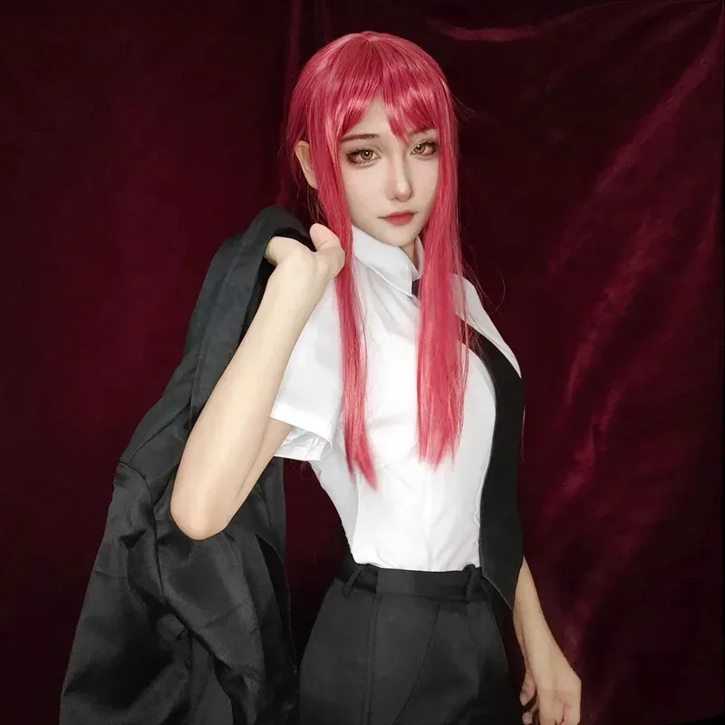 Makima-Disfraz de motosierra de Anime para hombre, gabardina negra, camisa, pantalones con lazo, peluca Makima, uniforme largo trenzado rojo claro para hombre y mujer