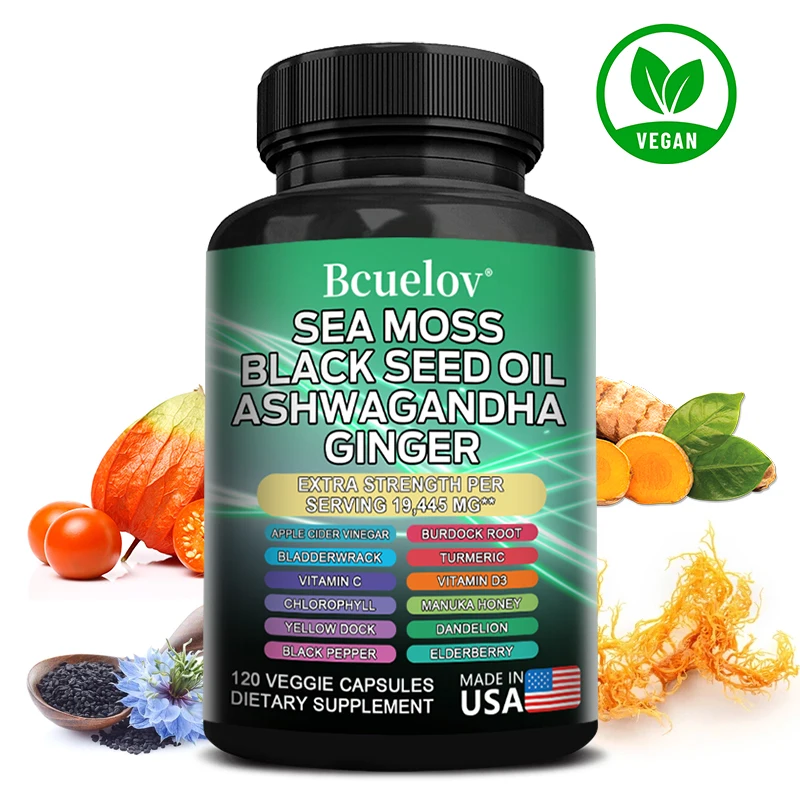 All in One Supplement, with Sea Moss Black Seed Oil Ashwagandha Ginger, Enhanced Immunity & Energy, 120 Capsules