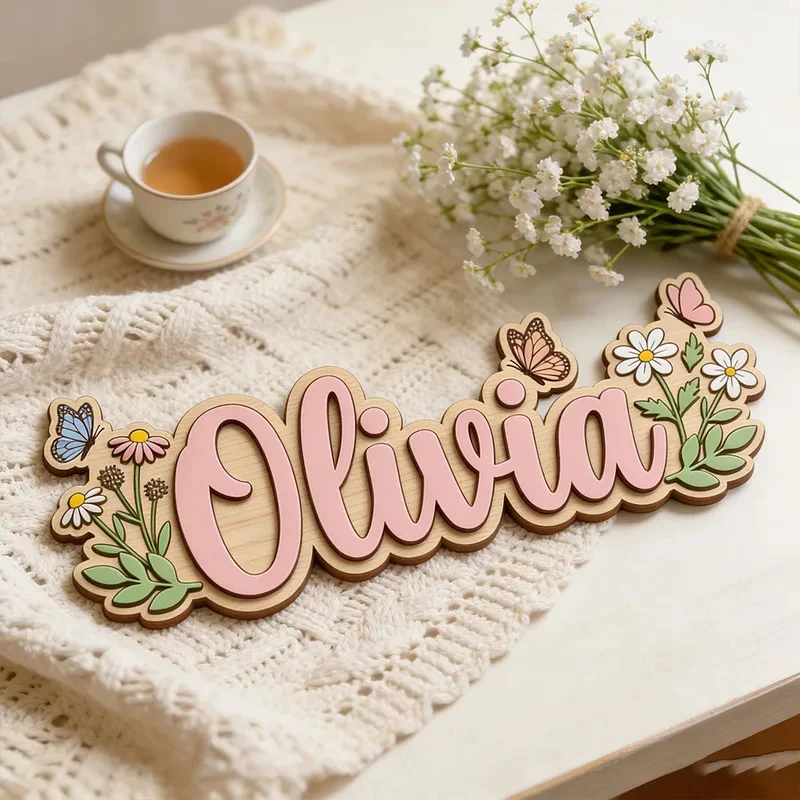 Custom Wildflower Daisy Butterfly Name Plaque for Kids Bedroom Unique Sweet Floral Themed Wooden Door Hanger Gift