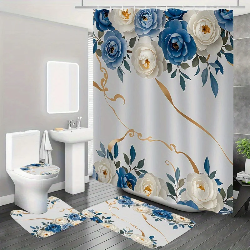 

4 шт. Привлекательный сине-белый цветочный узор и лист, полиэфирная ткань, занавеска для душа, коврик для унитаза, нескользящий коврик, U-образный коврик