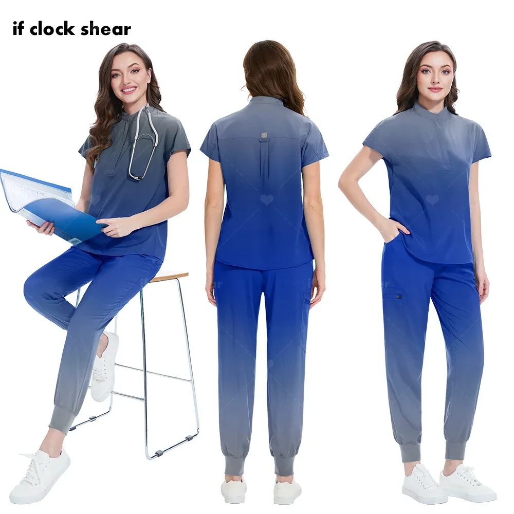 Multicolour Jogger Suit Nurse Scrubs Set Medical Gradient Color Work Clothes Doctor Nursing Uniform Pharmacist Tops Pocket Pants