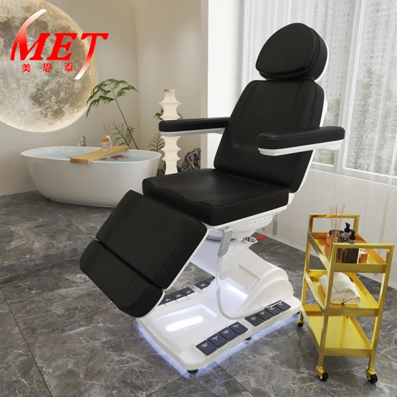 

Electric Curved Facial Eyelash Bed Metal Frame Black PU Massage Treatment Bed LED Light Foot Pedal Control