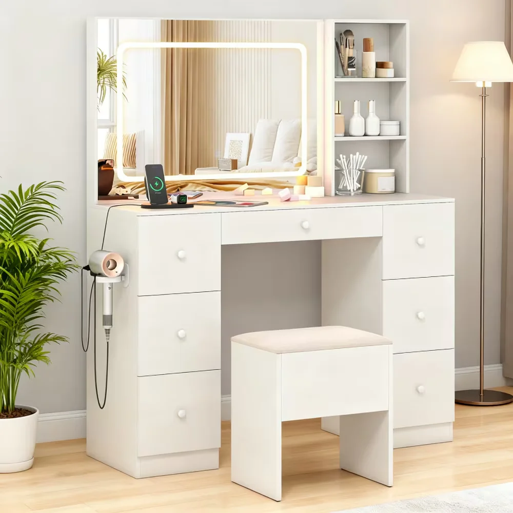 Modern Bedroom Vanity Desk with Mirror and LED Lights Makeup Dressing Table and Stool Set