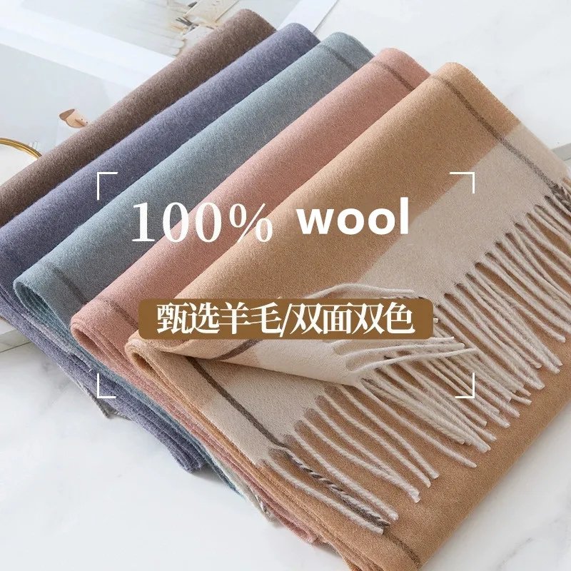 Women 100% Wool Scarf Autumn Winter Vintage Preppy Style Unisex Double Side Wrap Scarves Pashmina Mujer Femme Foulard Shawl Men