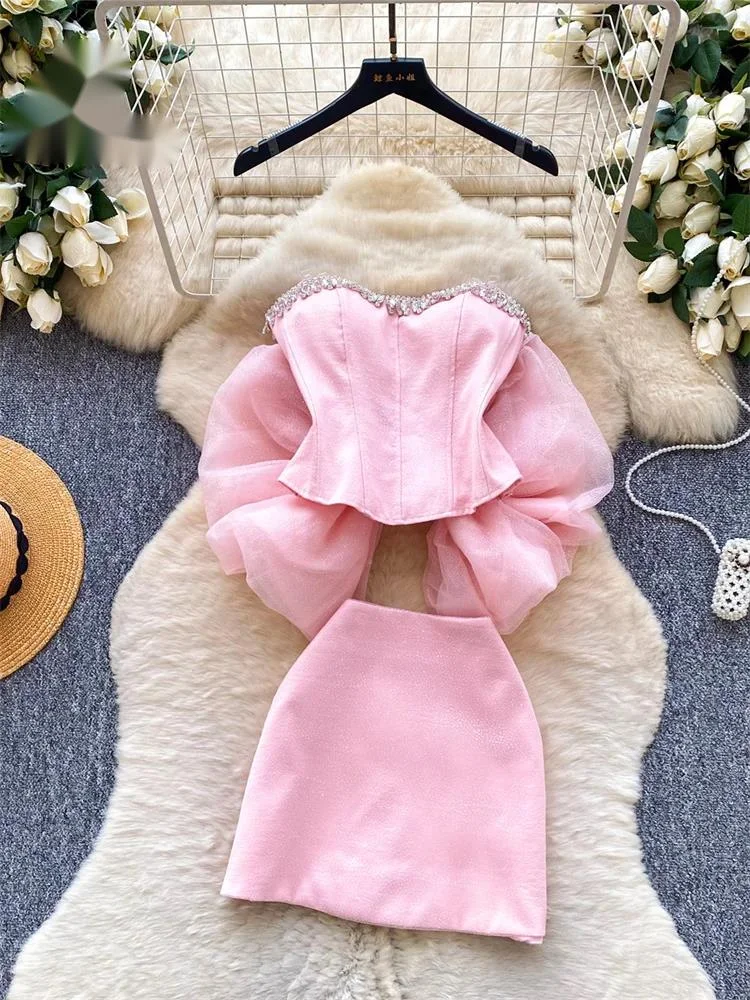 

Diamonds Sequined Bow Suits Summer Strapless Slim Tops+Mini A-line Skirts Ladies Sweet Classy Birthday Party 2Pcs Sets