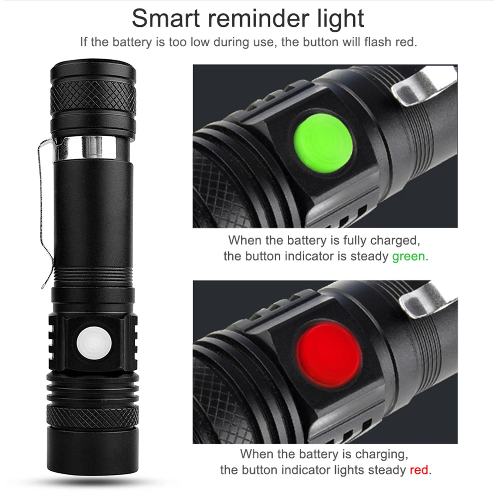 Outdoor Portable Pen Clip Torch Powerful LED Flashlight USB Rechargeable Strong Light Lantern Zoom Super Bright Hand Lamp