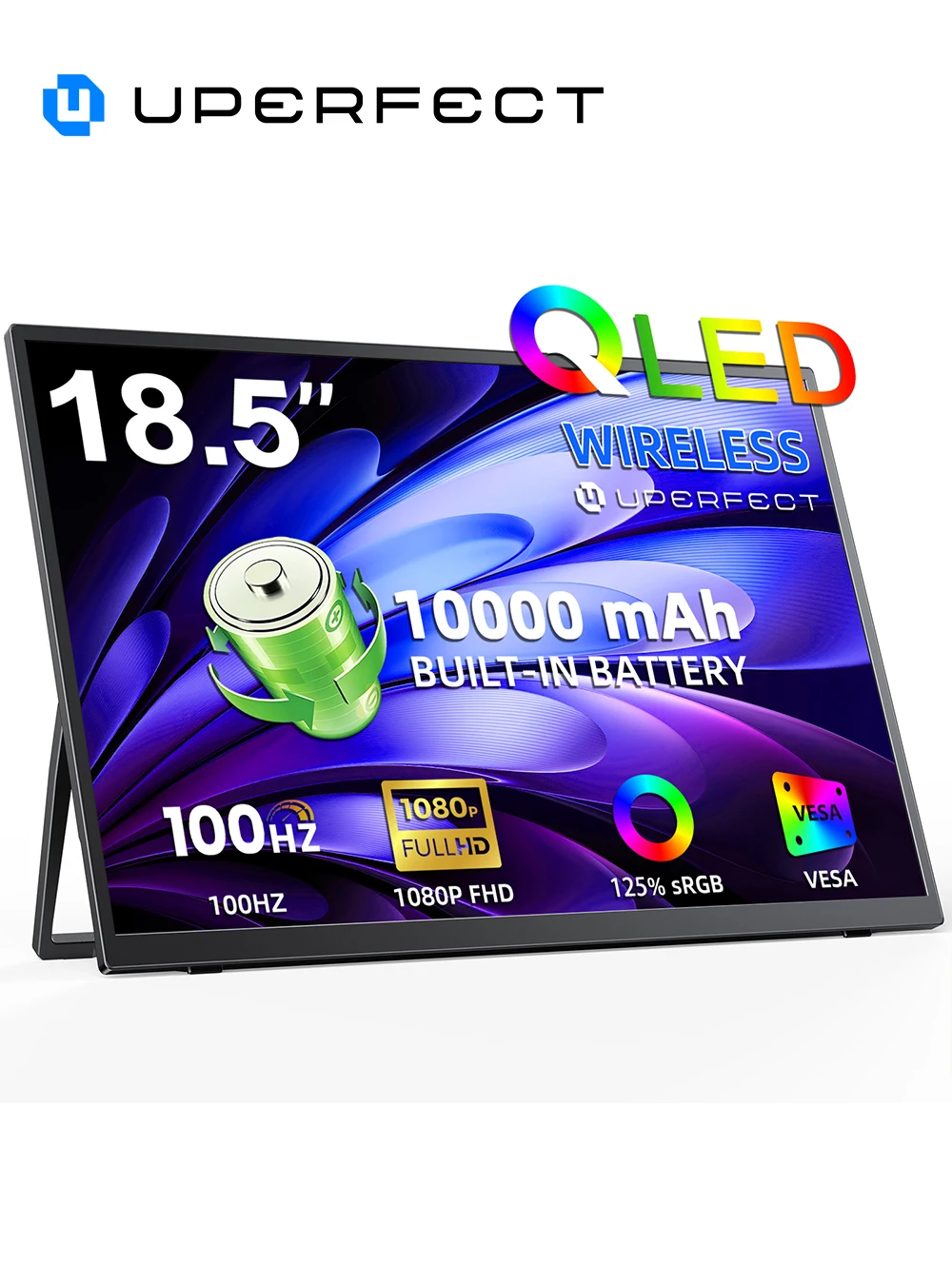 UPERFECT Wireless Portable Monitor with 10000mAh Battery 18.5" 125% sRGB QLED External Computer Display Support AirPlay Miracast