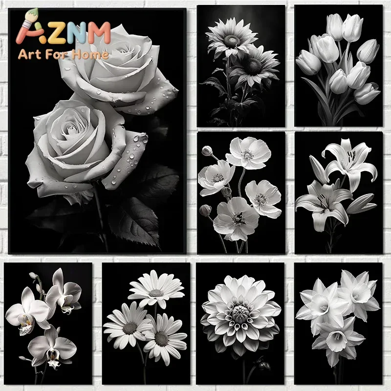 AZNM Black And White Flower Canvas Wall Art Rose Tulip Sunflower Lily Monochrome Floral Print Unframed Canvas Poster for Living