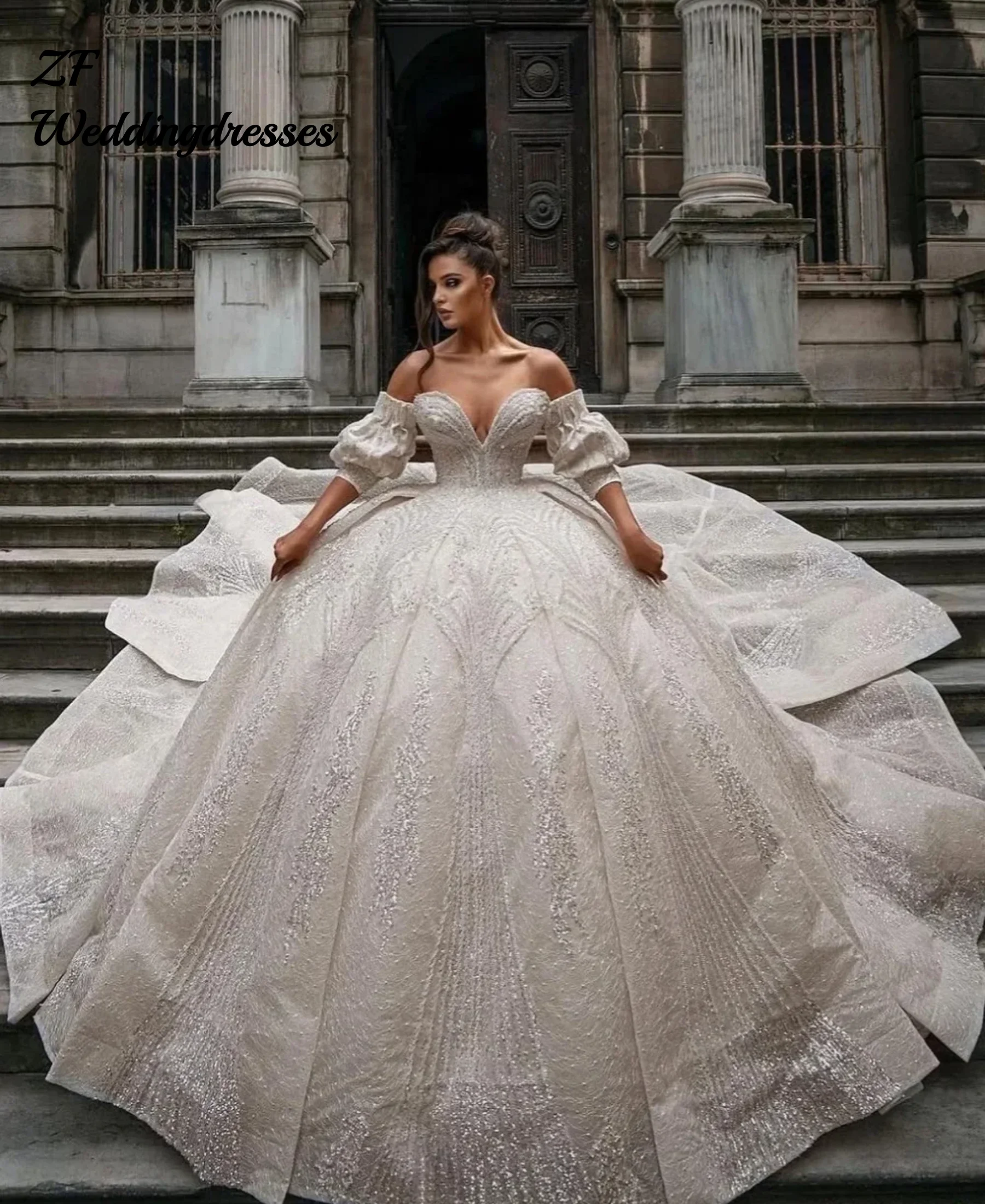 Customized Embroidery With Beads Pearls Wedding Dresses Detachable Sleeve Deep V-neck Bridal Gown Luxury DressesVestido De Novia