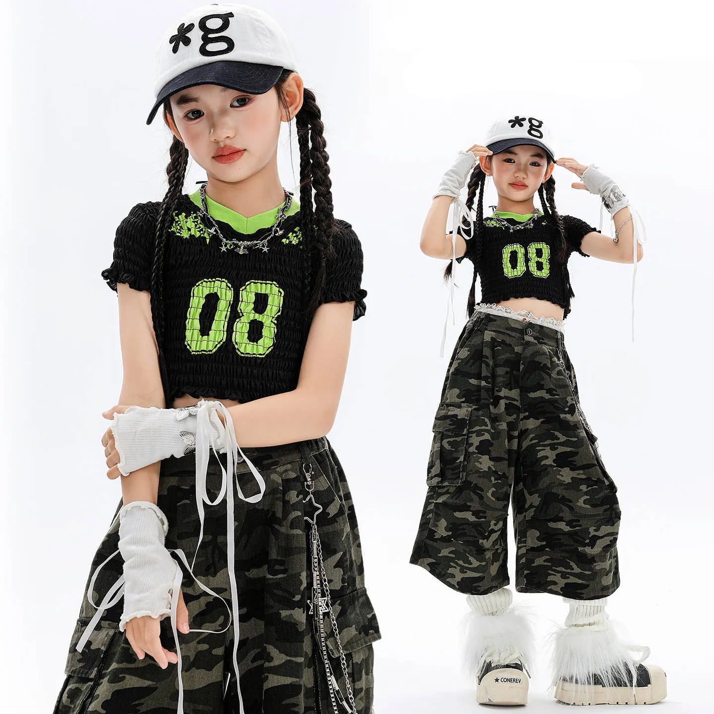 

Kid Kpop Hip Hop Clothing Black V Neck Ruched Crop T Shirt Camo Cargo Shorts Middle Pants for Girls Jazz Dance Costumes Clothes