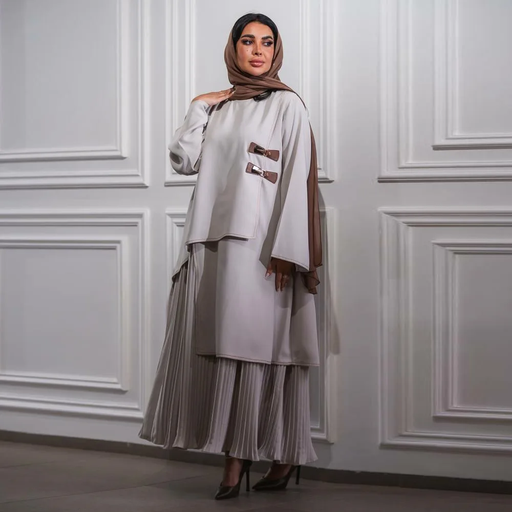 MQ215 Abaya negra de Oriente Medio para mujer, vestido musulmán, jersey de retales con dobladillo plisado, hebilla de cuero, batas Abaya musulmanas de Dubái