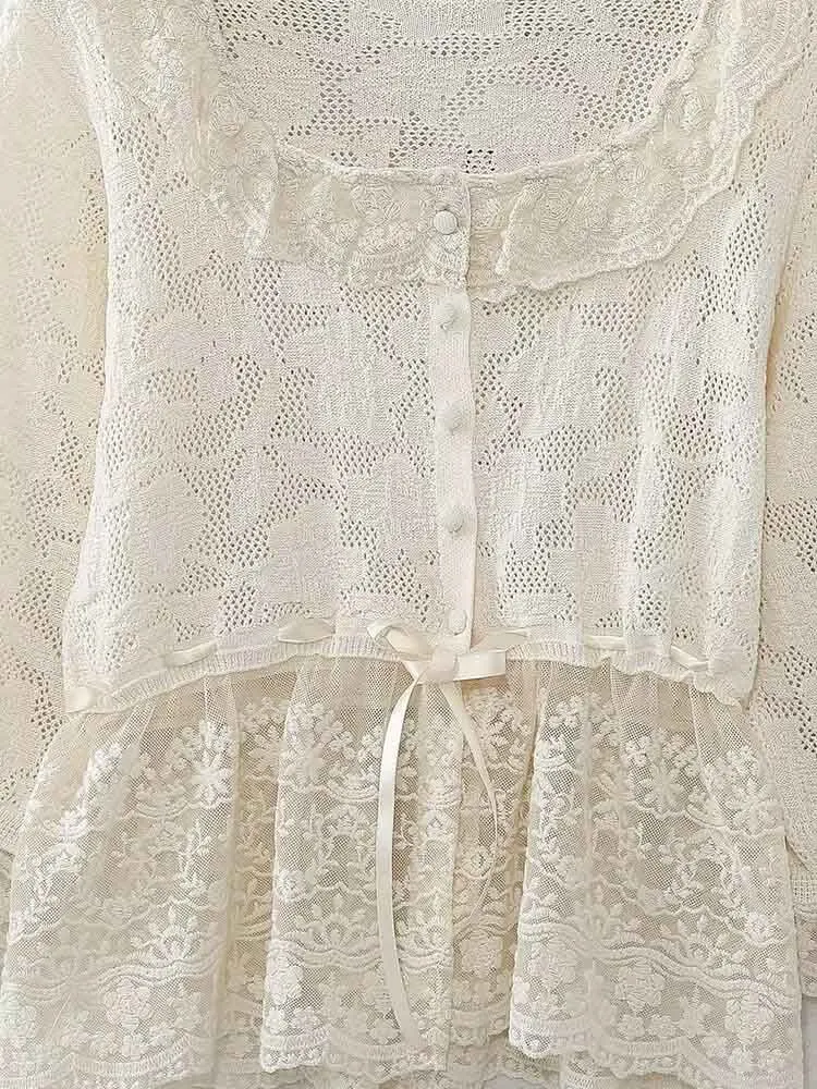 Europejski styl nowa moda damska wszechstronna prosta temperamentna koronkowa dekoracja dzianinowy top z kwadratowym kołnierzem