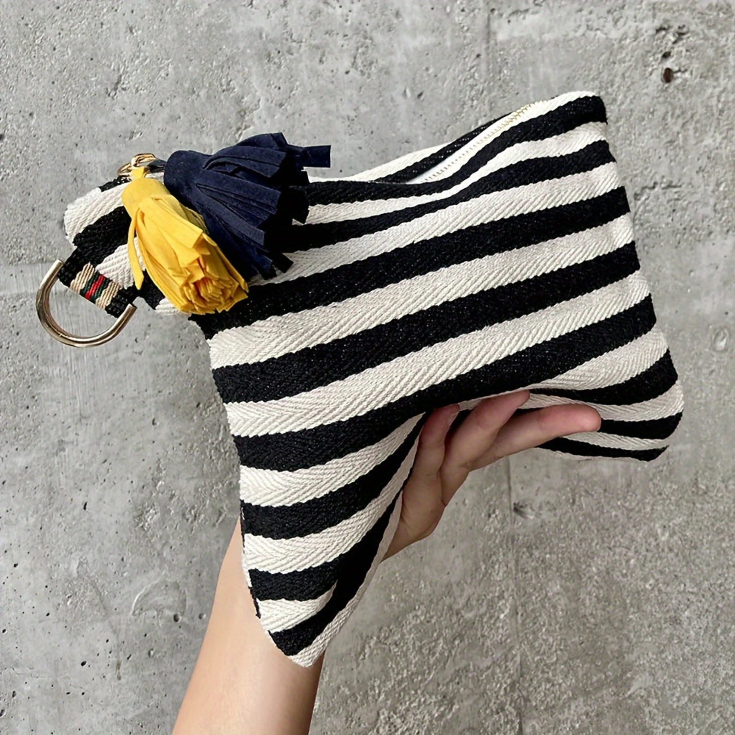 Stylish personalized bright striped canvas clutch cosmetic bag with  tassels - Travel multi-purpose large capacity cosmetic bag 