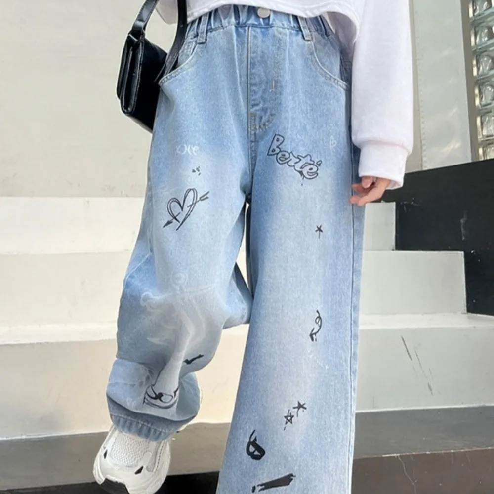 

English Letter Children Jeans Straight Graffiti Blue Teen Girl Jeans Korean Style High Waist Girls Denim Trousers Kids Children