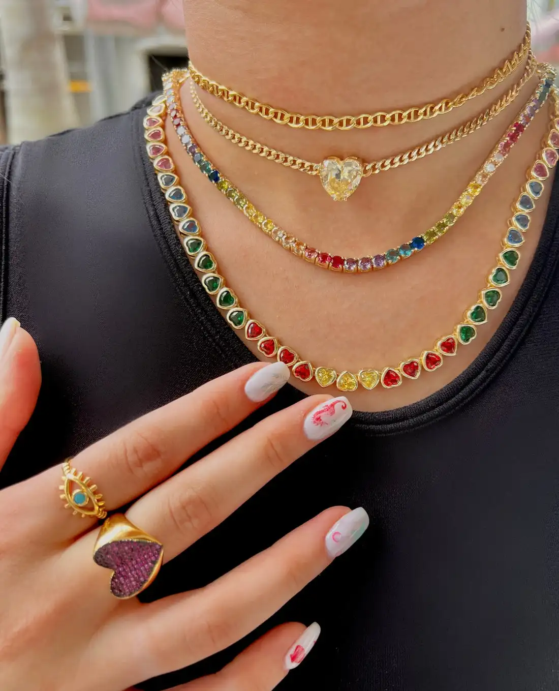 New Arrived Gradual Rainbow Colorful Jewelry Set Gold Color Bezel Heart Shaped CZ Tennis Chain Bracelet Necklace For Women