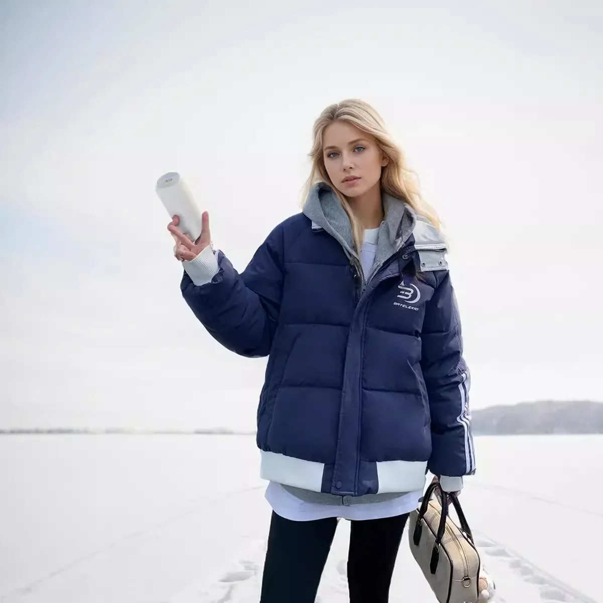 Abrigo de algodón de plumón para mujer, chaqueta de estilo callejero, empalme de estilo americano, ajuste holgado, abrigo deportivo a rayas con bloqueo de Color, invierno, 2024